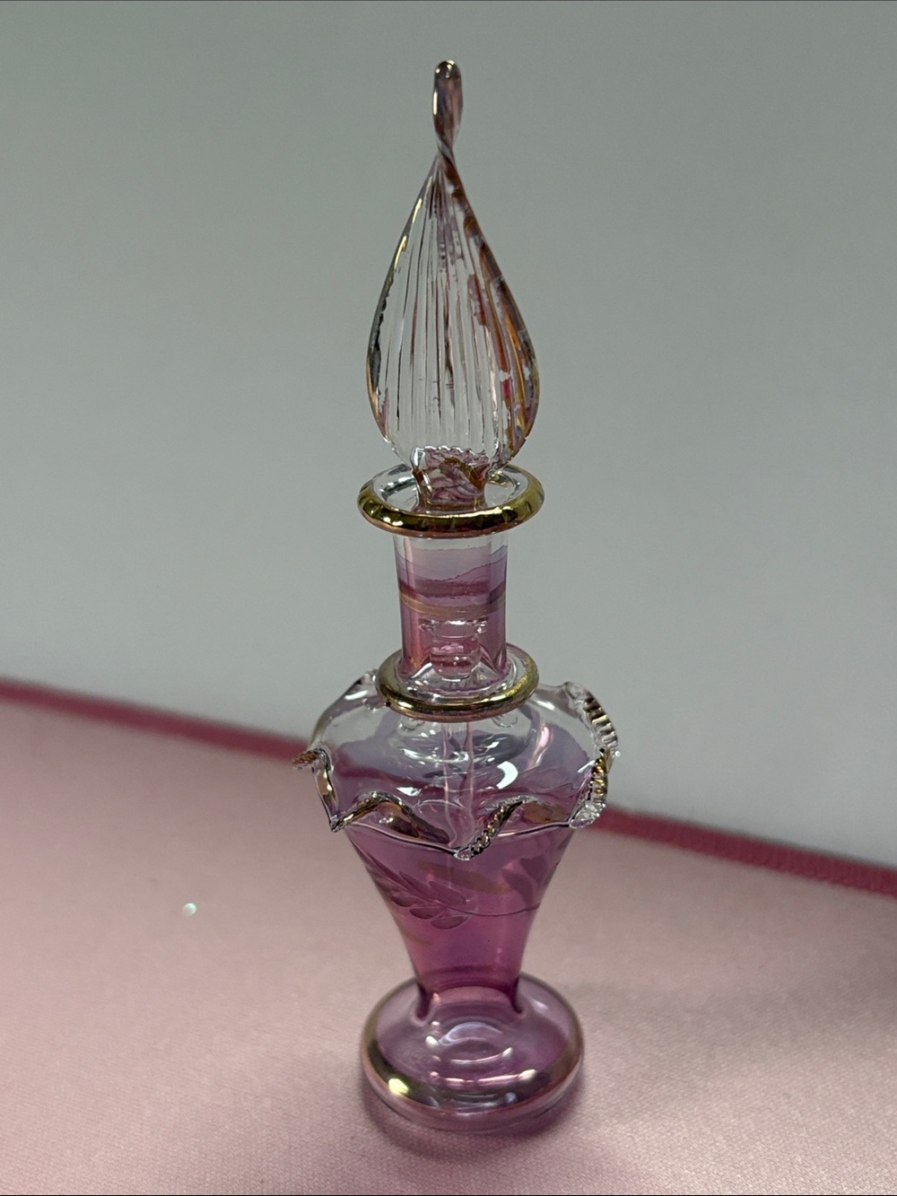 Elegant Egyptian Handblown Lavender Glass Bottle with Gold Trim
